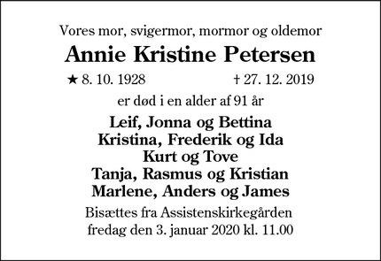 Dødsannoncen for Annie Kristine Petersen - Skærbæk