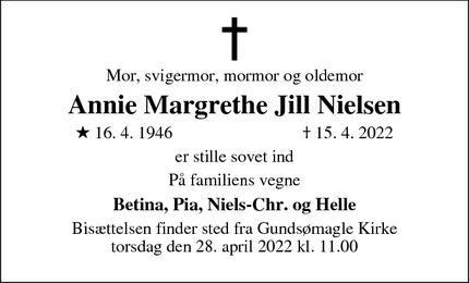 Dødsannoncen for Annie Margrethe Jill Nielsen - Gundsømagle