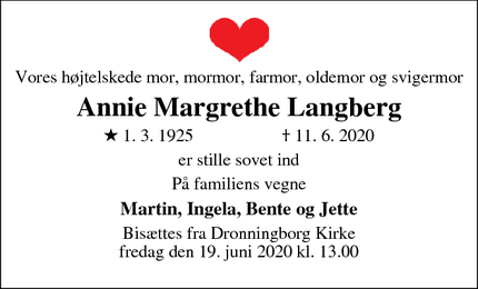 Dødsannoncen for Annie Margrethe Langberg - Randers
