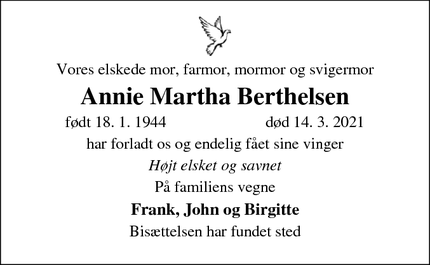 Dødsannoncen for Annie Martha Berthelsen - Værløse