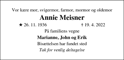 Dødsannoncen for Annie Meisner - Skælskør