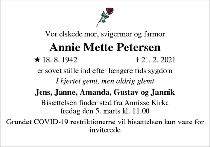 Dødsannoncen for Annie Mette Petersen - Annisse Nord