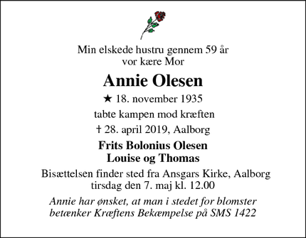 Dødsannoncen for Annie Olesen - Aalborg