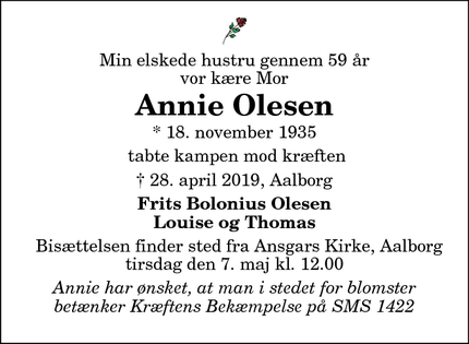 Dødsannoncen for Annie Olesen - Aalborg