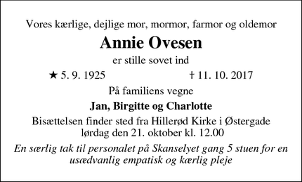 Dødsannoncen for Annie Ovesen  - Hillerød