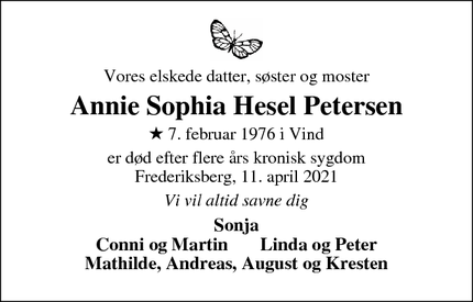 Dødsannoncen for Annie Sophia Hesel Petersen - DK-Aarhus V