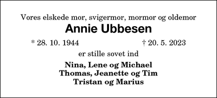 Dødsannoncen for Annie Ubbesen - Maribo