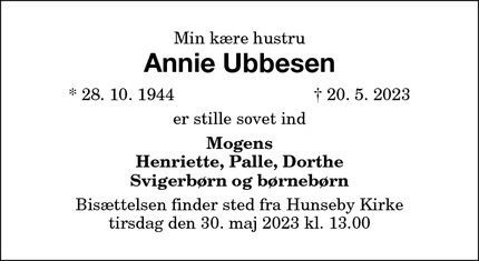 Dødsannoncen for Annie Ubbesen - Maribo
