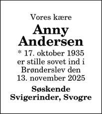 Dødsannoncen for Anny Andersen - Brønderslev