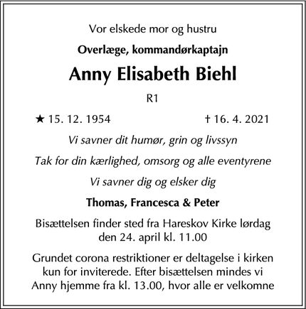 Dødsannoncen for Anny Elisabeth Biehl - Vaerloese
