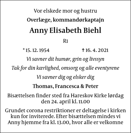 Dødsannoncen for Anny Elisabeth Biehl - Vaerloese