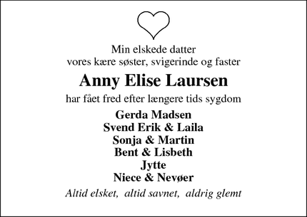 Dødsannoncen for Anny Elise Laursen - Ikast