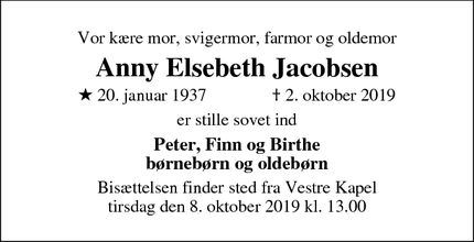 Dødsannoncen for Anny Elsebeth Jacobsen - Horsens