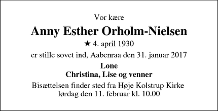 Dødsannoncen for Anny Esther Orholm-Nielsen - Aabenraa