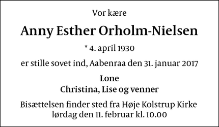 Dødsannoncen for Anny Esther Orholm-Nielsen - Aabenraa