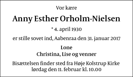 Dødsannoncen for Anny Esther Orholm-Nielsen - Aabenraa