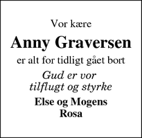 Dødsannoncen for Anny Graversen - Spjald