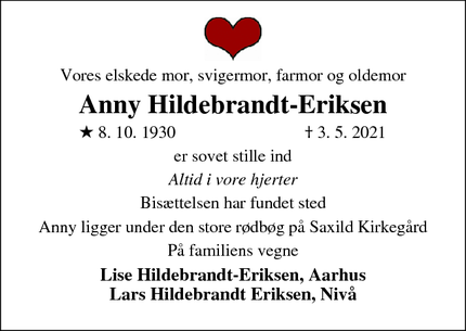 Dødsannoncen for Anny Hildebrandt-Eriksen - Aarhus C, Denmark