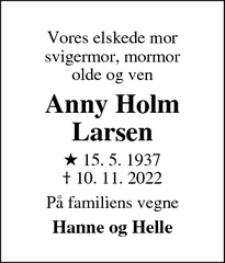 Dødsannoncen for Anny Holm
Larsen - Rødovre