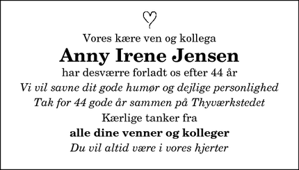Dødsannoncen for Anny Irene Jensen - Thisted