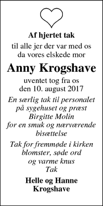 Dødsannoncen for Anny Krogshave - Kolding