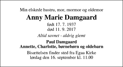 Dødsannoncen for Anny Marie Damgaard - Egå