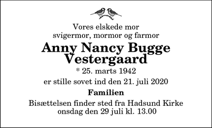Dødsannoncen for Anny Nancy Bugge Vestergaard - Hadsund