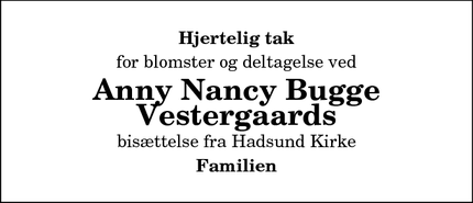 Taksigelsen for Anny Nancy Bugge Vestergaards - Hadsund