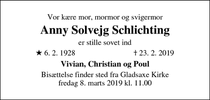 Dødsannoncen for Anny Solvejg Schlichting - Søborg