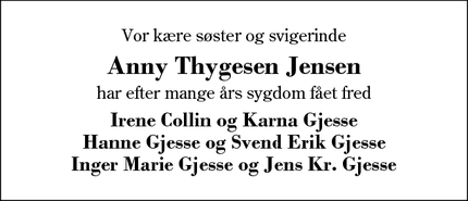 Dødsannoncen for Anny Thygesen Jensen - HERNING