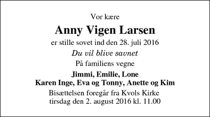 Dødsannoncen for Anny Vigen Larsen  - Kvols