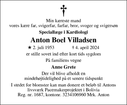 Dødsannoncen for Anton Boel Villadsen - 8230 Åbyhøj