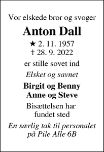 Dødsannoncen for Anton Dall - Ribe