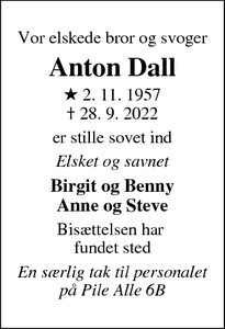 Dødsannoncen for Anton Dall - Ribe
