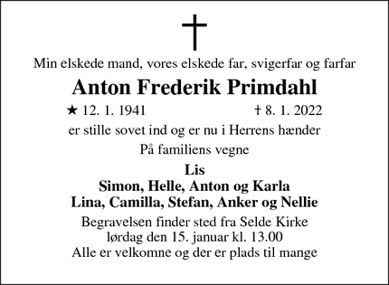 Dødsannoncen for Anton Frederik Primdahl - Selde