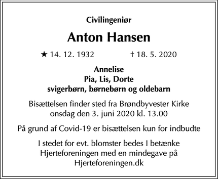 Dødsannoncen for Anton Hansen - Værløse