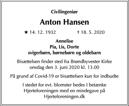 Dødsannoncen for Anton Hansen - Værløse