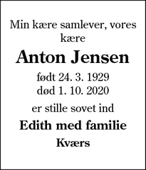 Dødsannoncen for Anton Jensen - Aabenraa