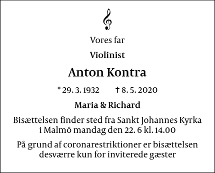Dødsannoncen for Anton Kontra - Malmö