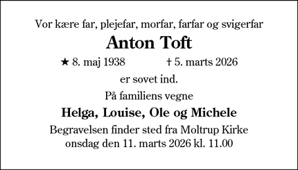 Dødsannoncen for Anton Toft - Grenaa