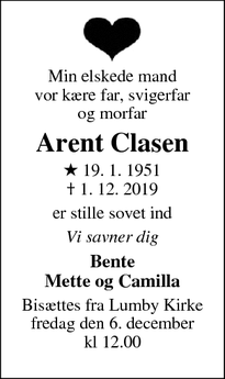 Dødsannoncen for Arent Clasen - Odense N