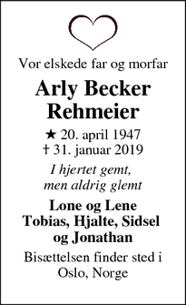 Dødsannoncen for Arly Becker Rehmeier - Hammel