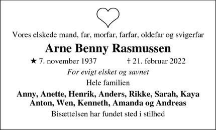 Dødsannoncen for Arne Benny Rasmussen - Rødovre 