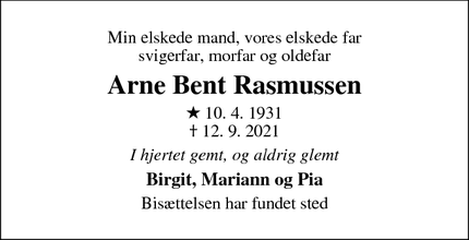 Dødsannoncen for Arne Bent Rasmussen - Farum