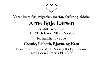 Dødsannoncen for Arne Bøje Larsen - Odense