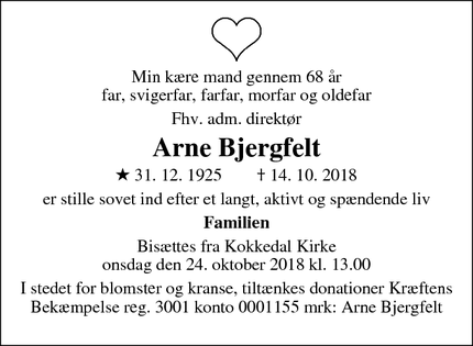Dødsannoncen for Arne Bjergfelt - Hørsholm