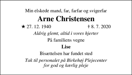 Dødsannoncen for Arne Christensen - Taastrup