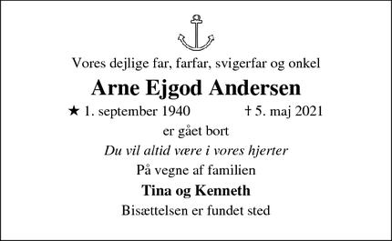Dødsannoncen for Arne Ejgod Andersen - Søborg