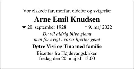 Dødsannoncen for Arne Emil Knudsen - København S
