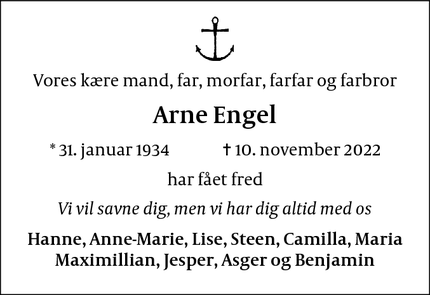Dødsannoncen for Arne Engel - Lyngby